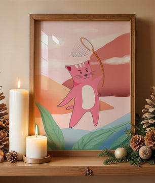 Pink Cat Holding Net in Whimsical Landscape