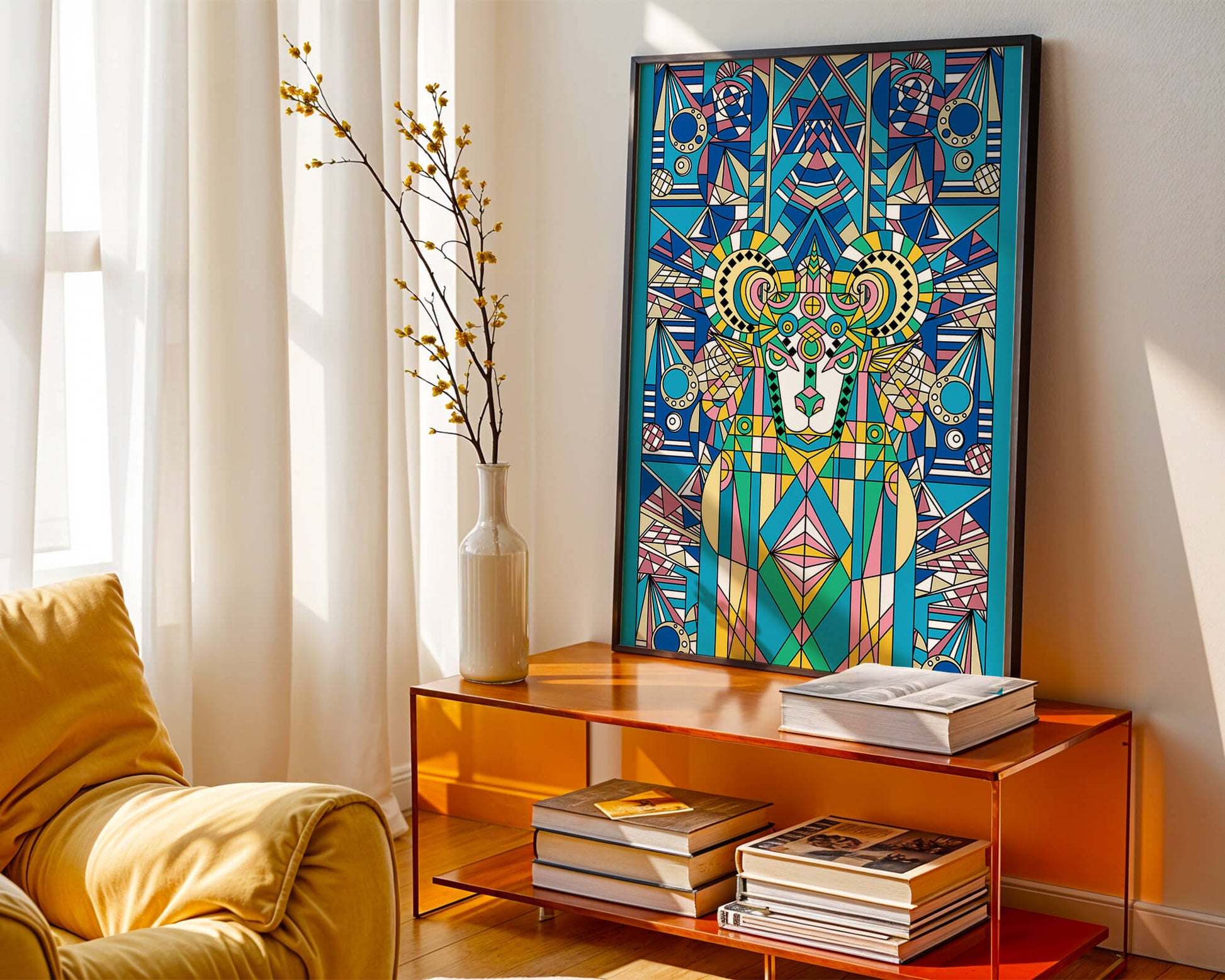 Diseño geométrico colorido de carnero con patrones simétricos