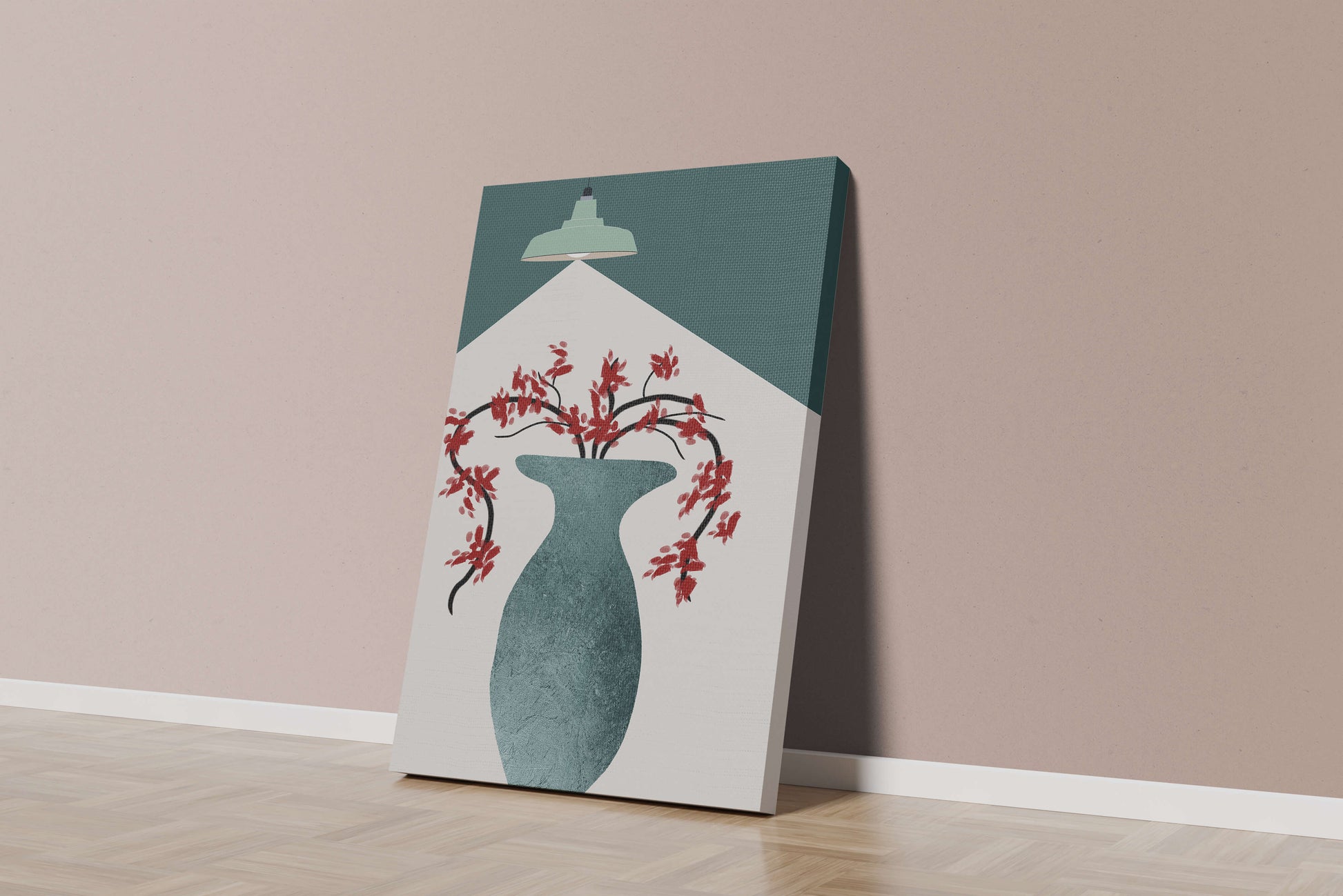 Modern Minimalist Vase with Red Flowers Under Green Lamp