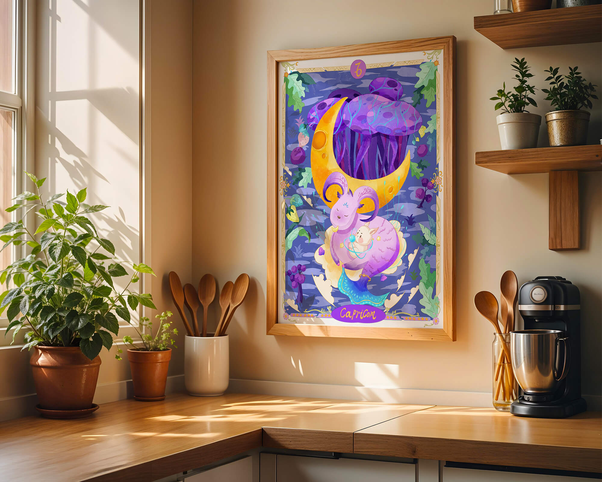 Colorful Capricorn zodiac illustration with fantasy elements