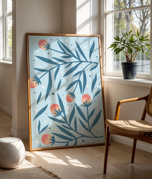 Abstract botanical pattern with colorful flowers and leaves on light blue background