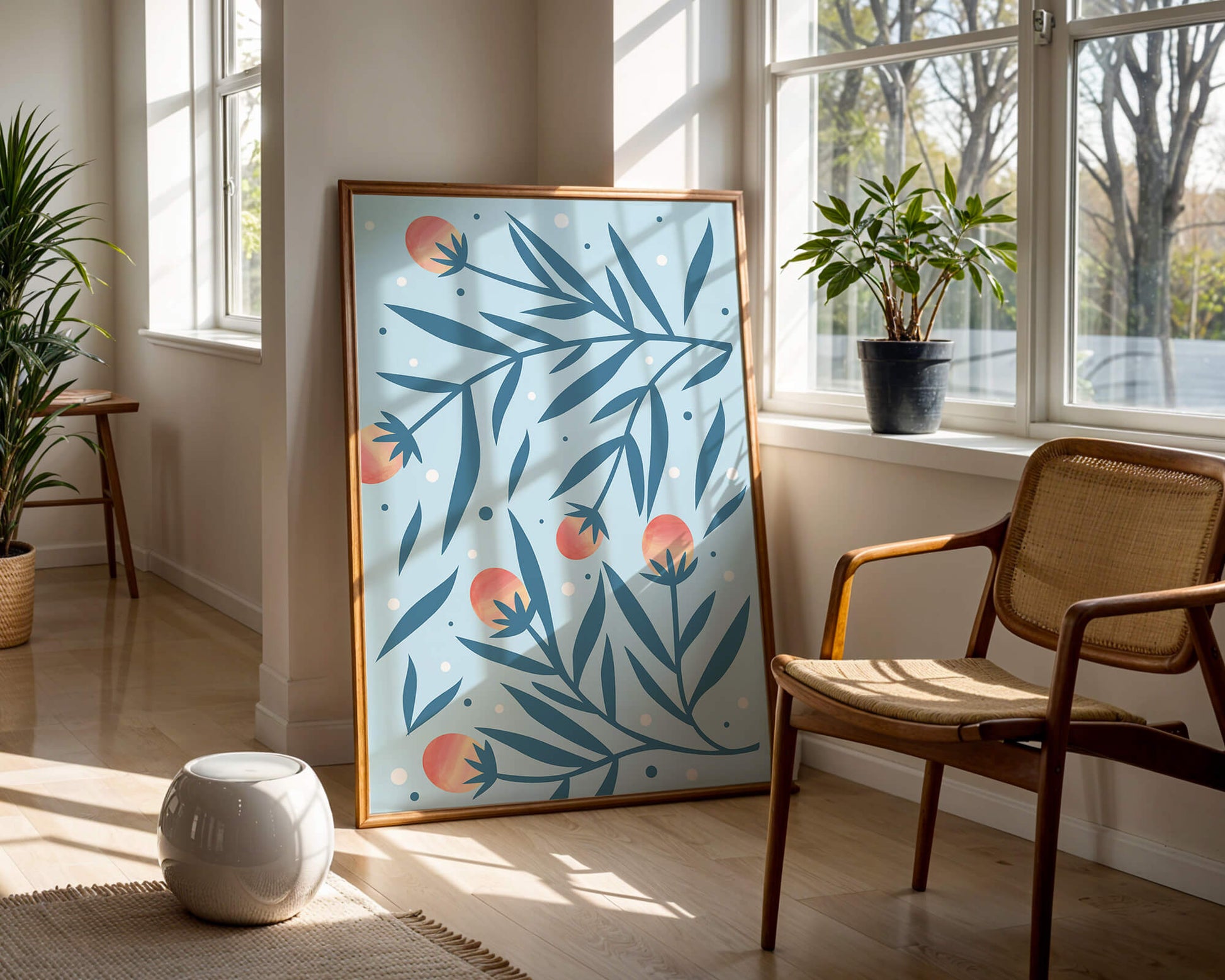 Abstract botanical pattern with colorful flowers and leaves on light blue background