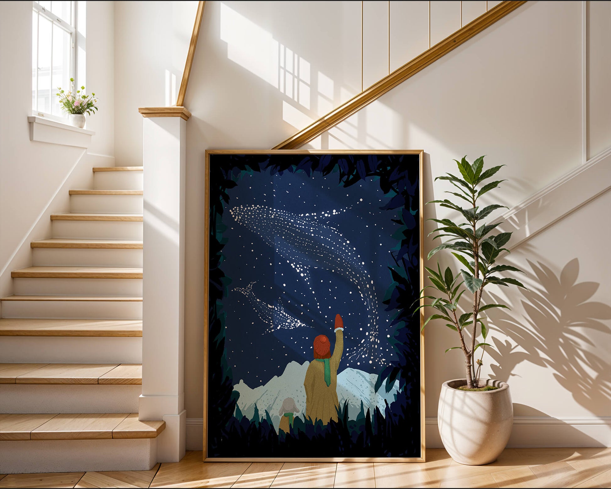Starry night with whale constellations and mountain scenery