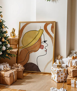 Retrato de línea moderna de una mujer con sombrero y colores vibrantes