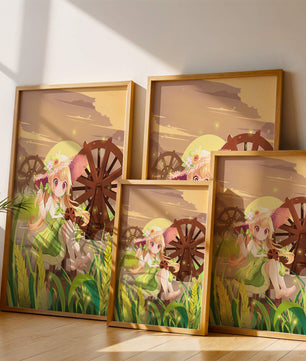 Enchanted countryside scene with a cute character and vibrant nature