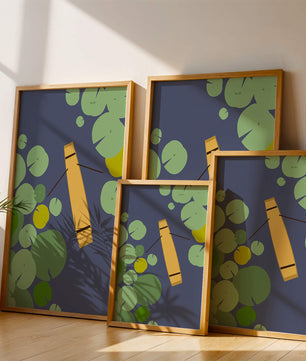 Top view of a yellow canoe among green lily pads on a calm lake