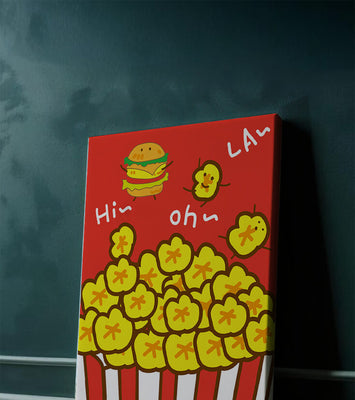 Playful illustration of popcorn and burger characters on a red background