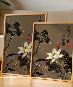 Elegant oriental floral art with gold accents and calligraphy