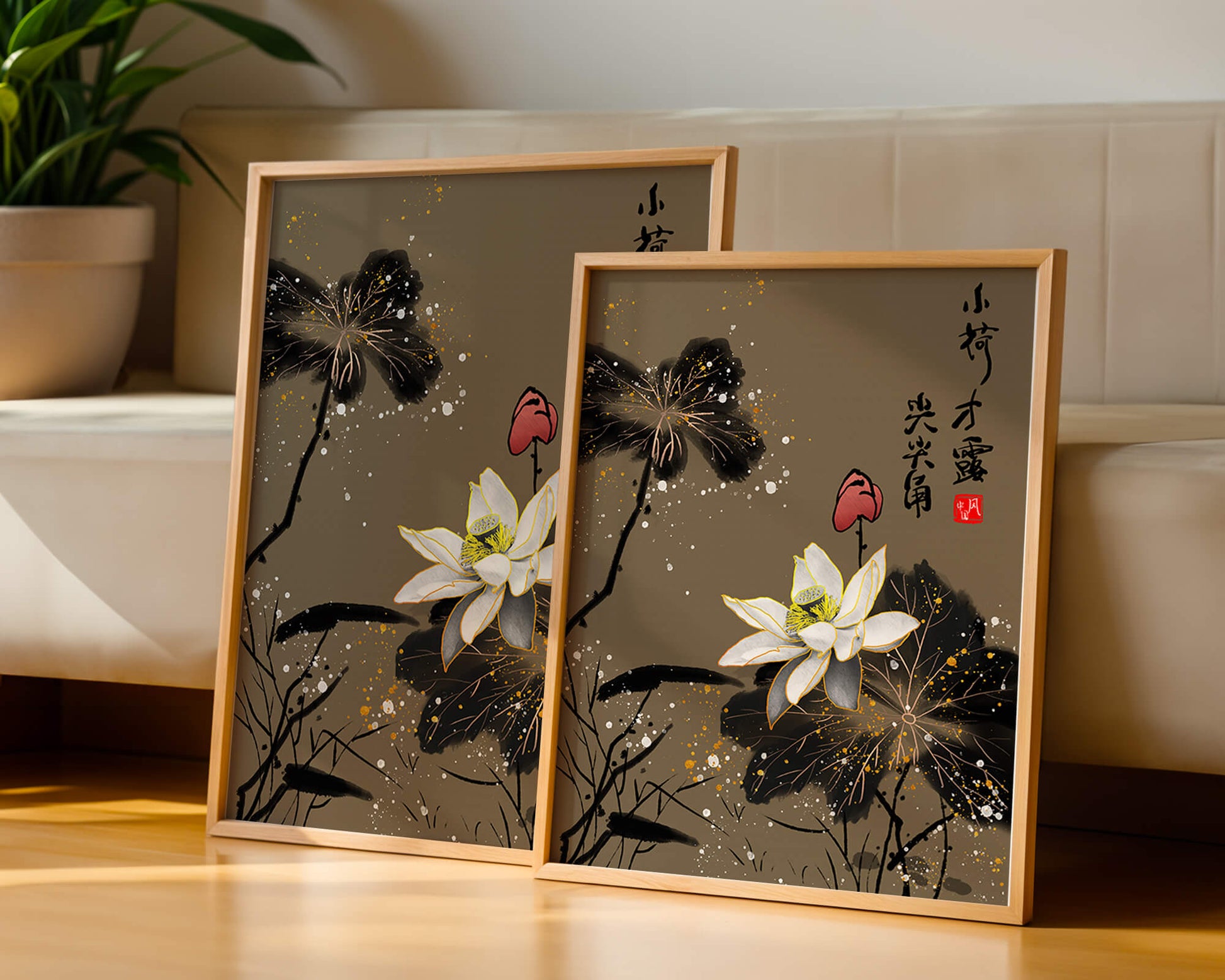 Elegant oriental floral art with gold accents and calligraphy