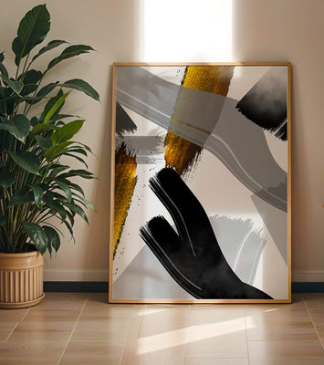Abstract art piece with gold and black brushstrokes on a gray background
