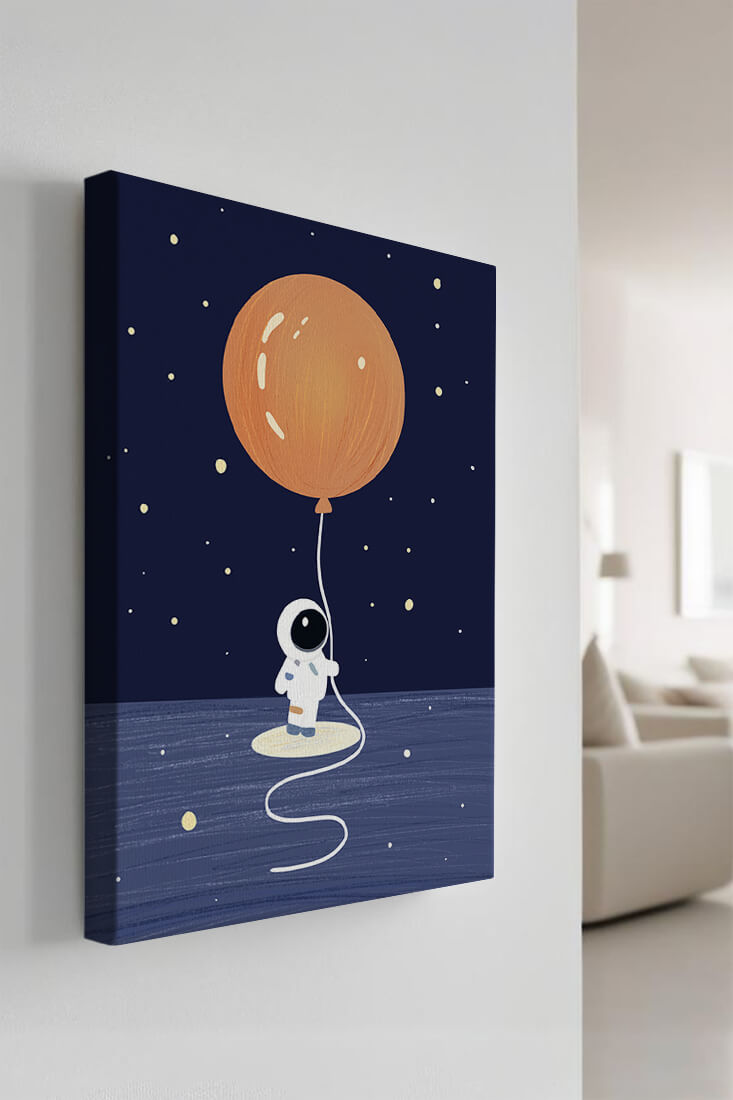 Charming Astronaut Holding Large Orange Balloon Under Starry Sky