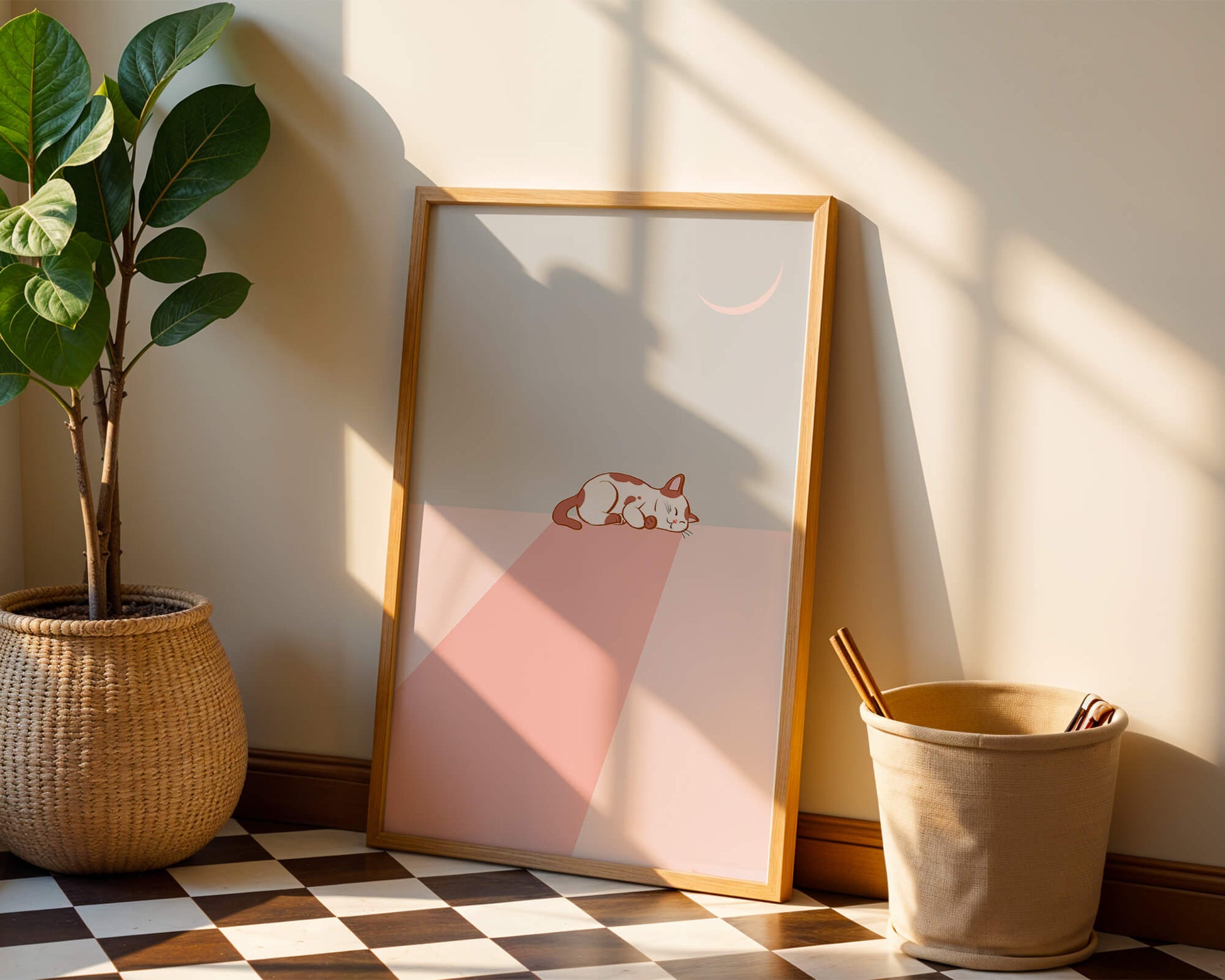 Sleeping Cat in Minimalistic Moonlit Scene
