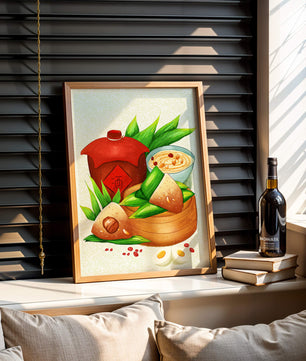 Illustrated traditional Chinese food with zongzi and rice wine