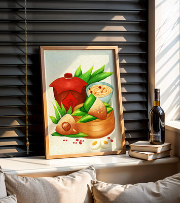 Illustrated traditional Chinese food with zongzi and rice wine
