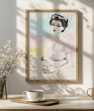 Elegant Woman in Vintage Fashion with Veil Hat and Pastel Background - Mi tienda