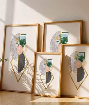 Arte geométrico abstracto con acentos florales y dorados