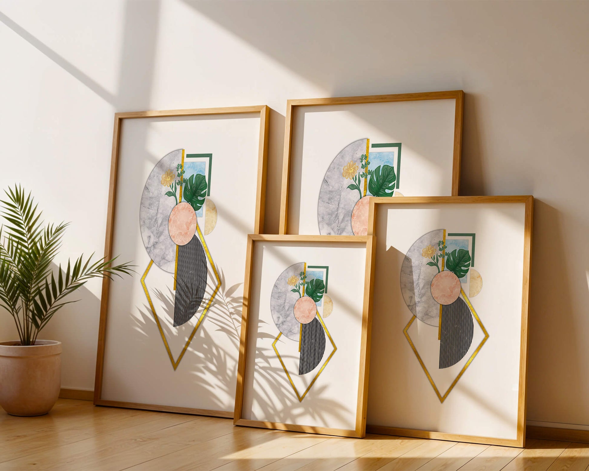 Abstract geometric art with floral and gold accents