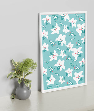 Motif floral avec des lys blancs sur un fond turquoise