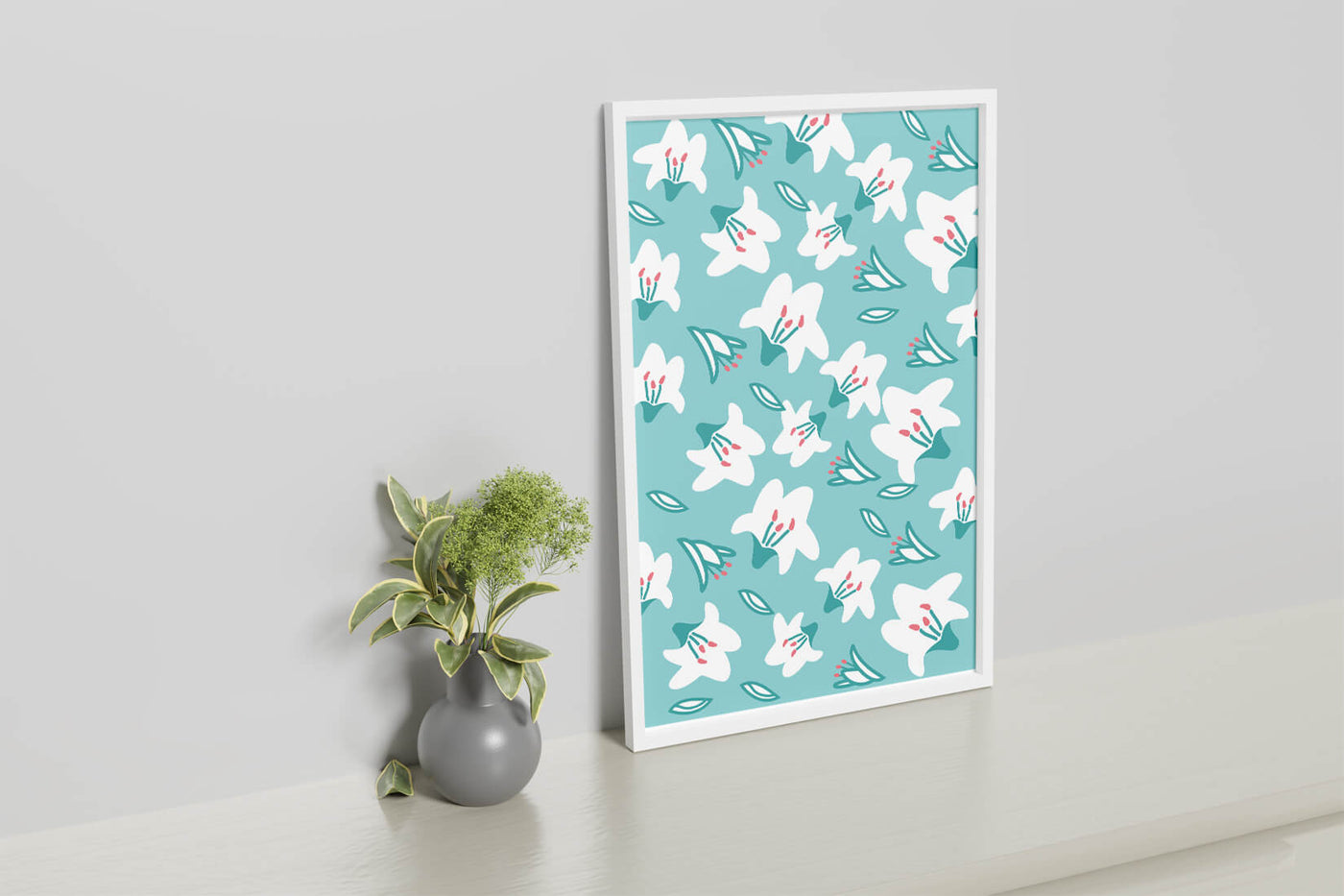 Floral pattern with white lilies on a turquoise background