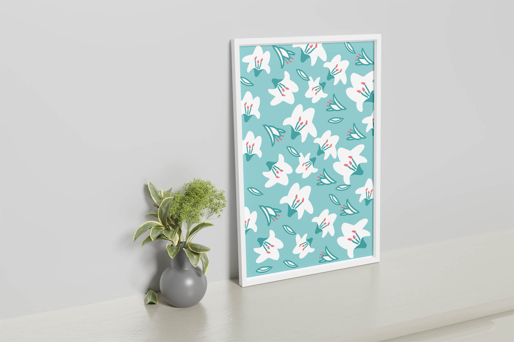 Floral pattern with white lilies on a turquoise background