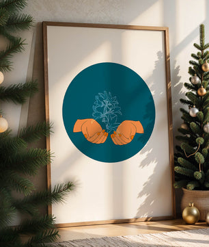 Illustration of Hands Holding a Plant with Teal Background