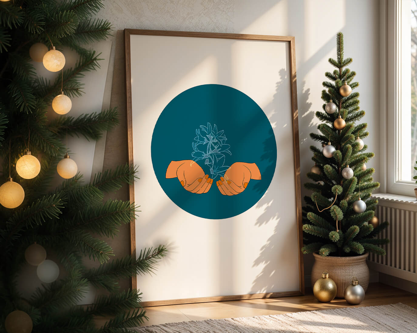 Illustration of Hands Holding a Plant with Teal Background