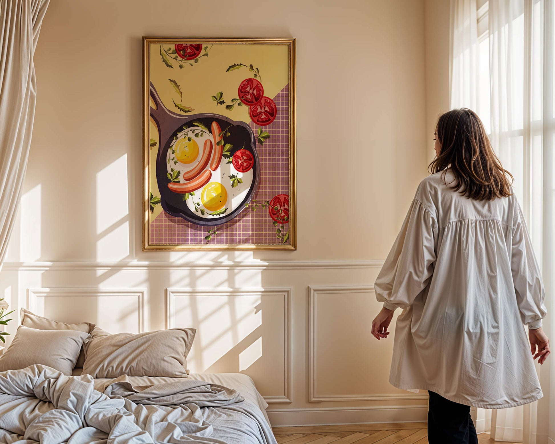 Fried Eggs and Sausages in Pan with Tomatoes and Herbs on Colorful Background