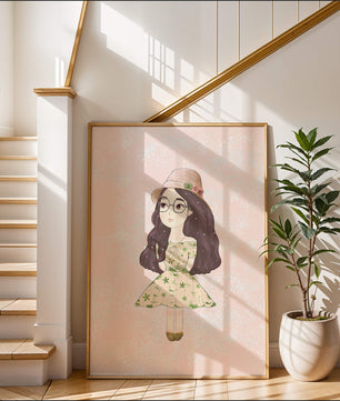 Ilustración encantadora de una niña con vestido y sombrero floral