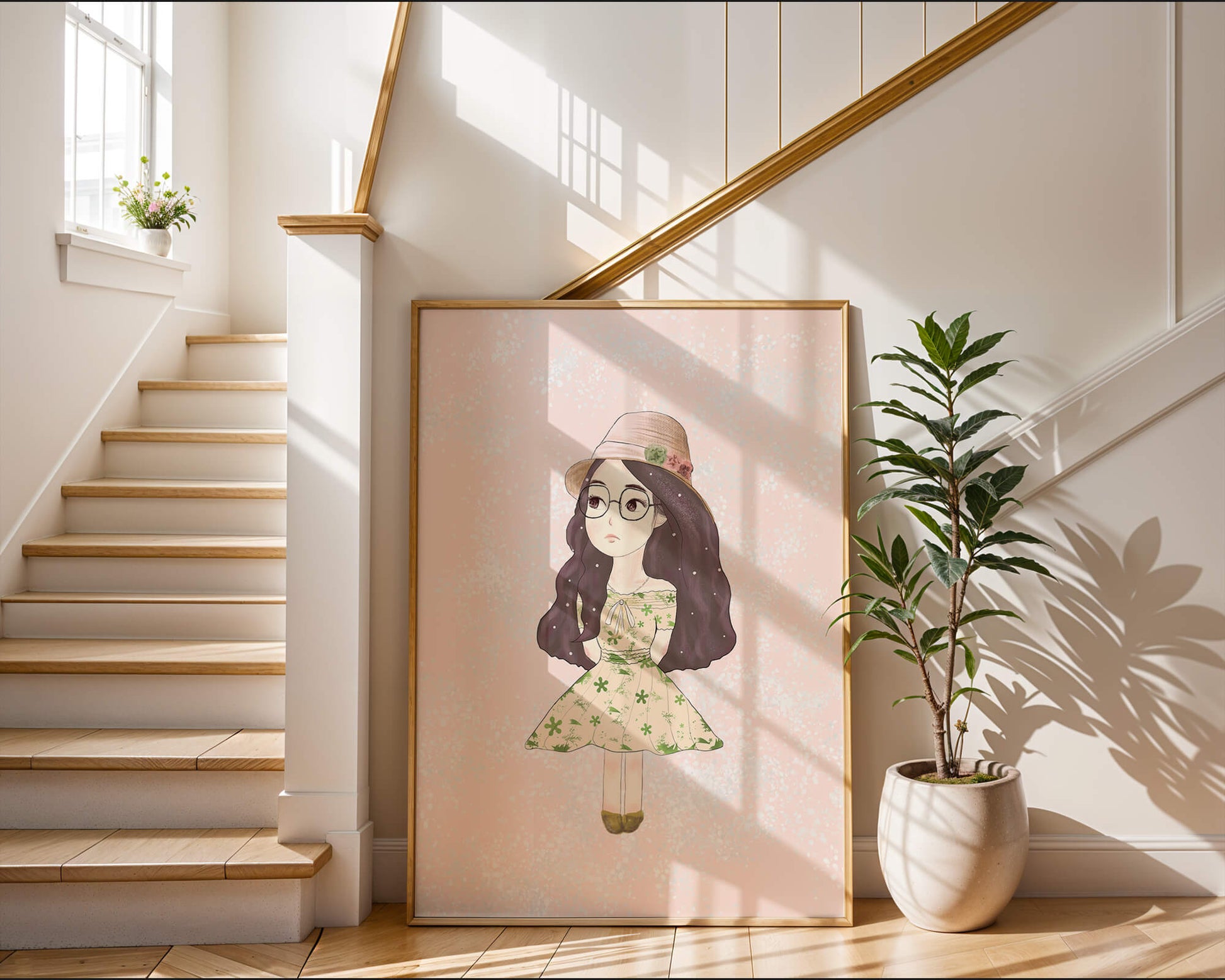 Charming illustration of a girl in a floral dress and hat