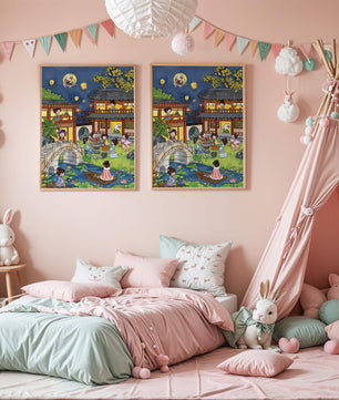 Traditional Chinese Garden Scene with Lanterns and Moon Rabbit