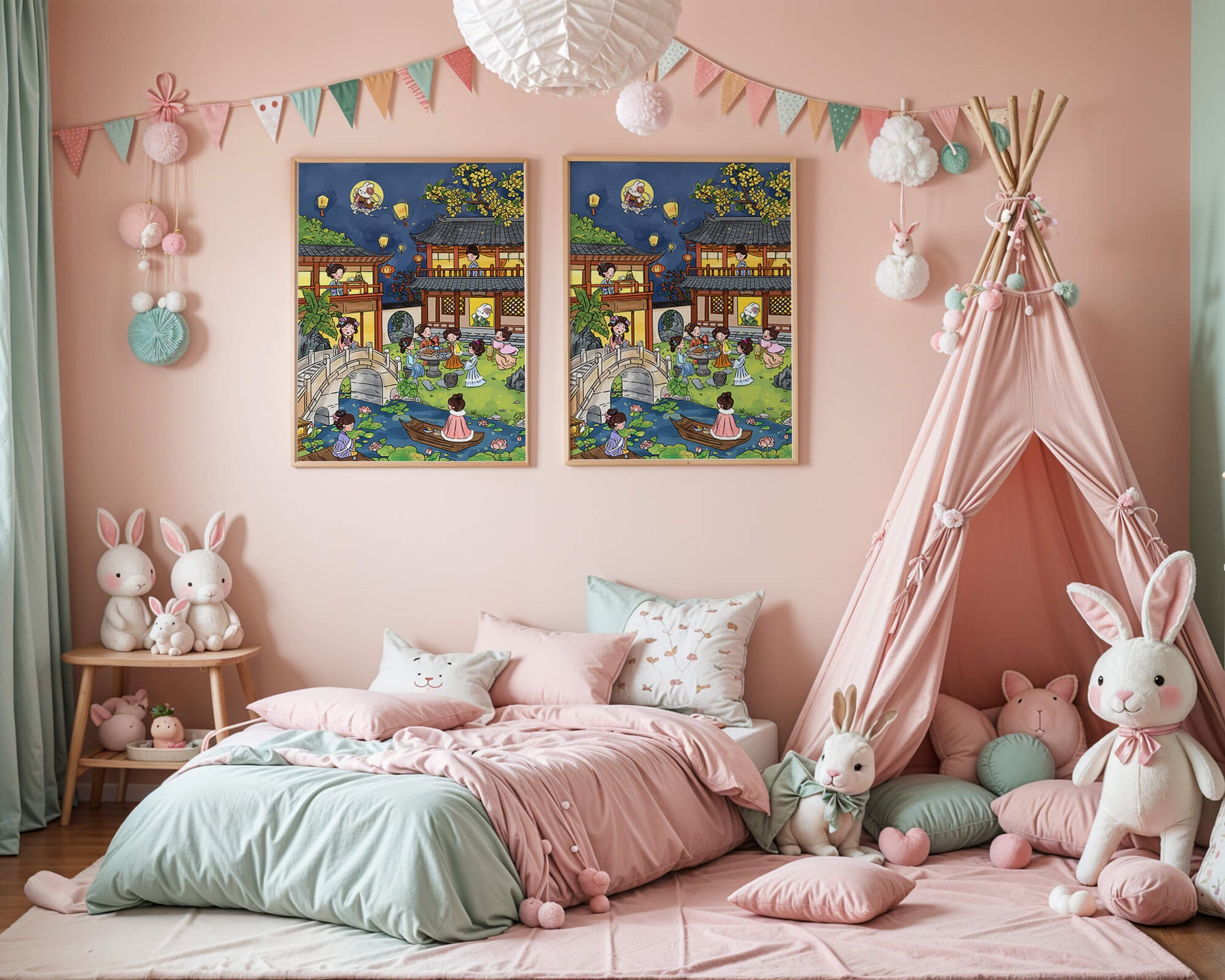 Escena de jardín chino tradicional con linternas y conejo lunar