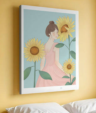 Ilustración de una mujer en un vestido rosa con girasoles