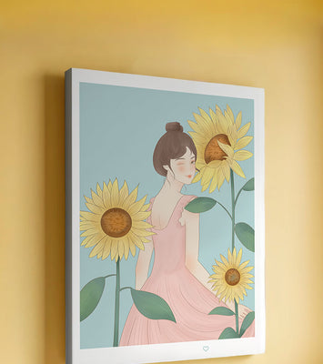 Illustration of a woman in a pink dress with sunflowers