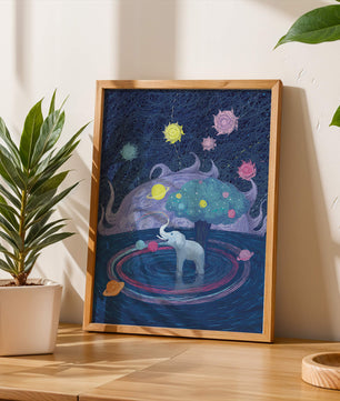 Éléphant fantastique avec arbre et fond cosmique