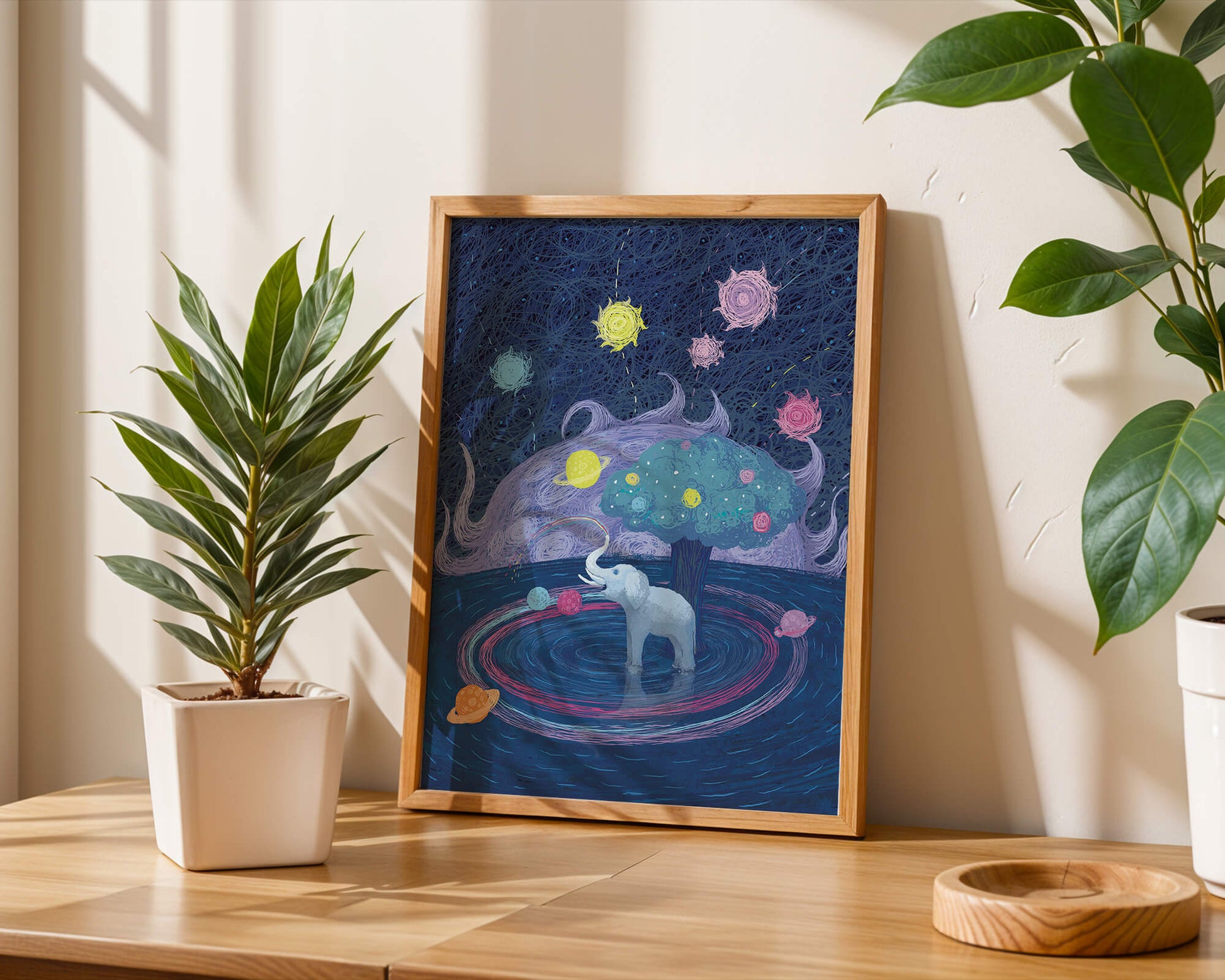 Éléphant fantastique avec arbre et fond cosmique