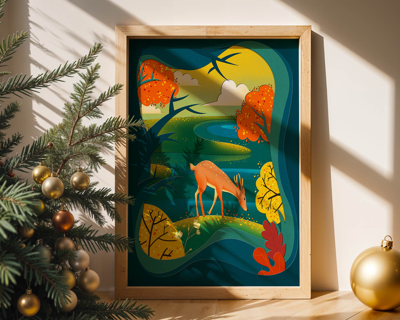 Deer in autumnal forest landscape with vibrant foliage