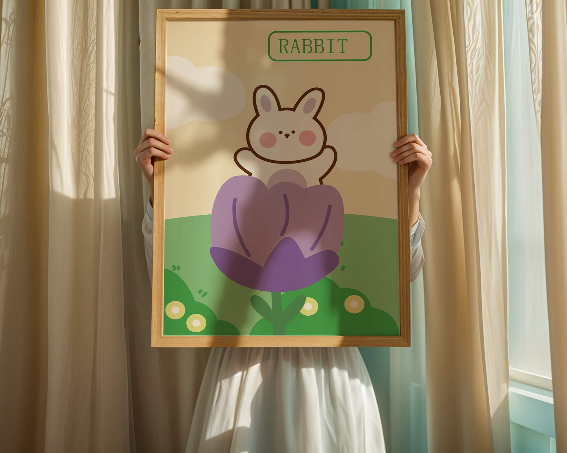 Ilustración caprichosa de un conejo adorable en una flor con colores pastel