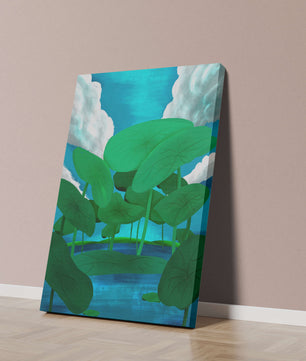 Serene landscape with lush green leaves and blue horizon