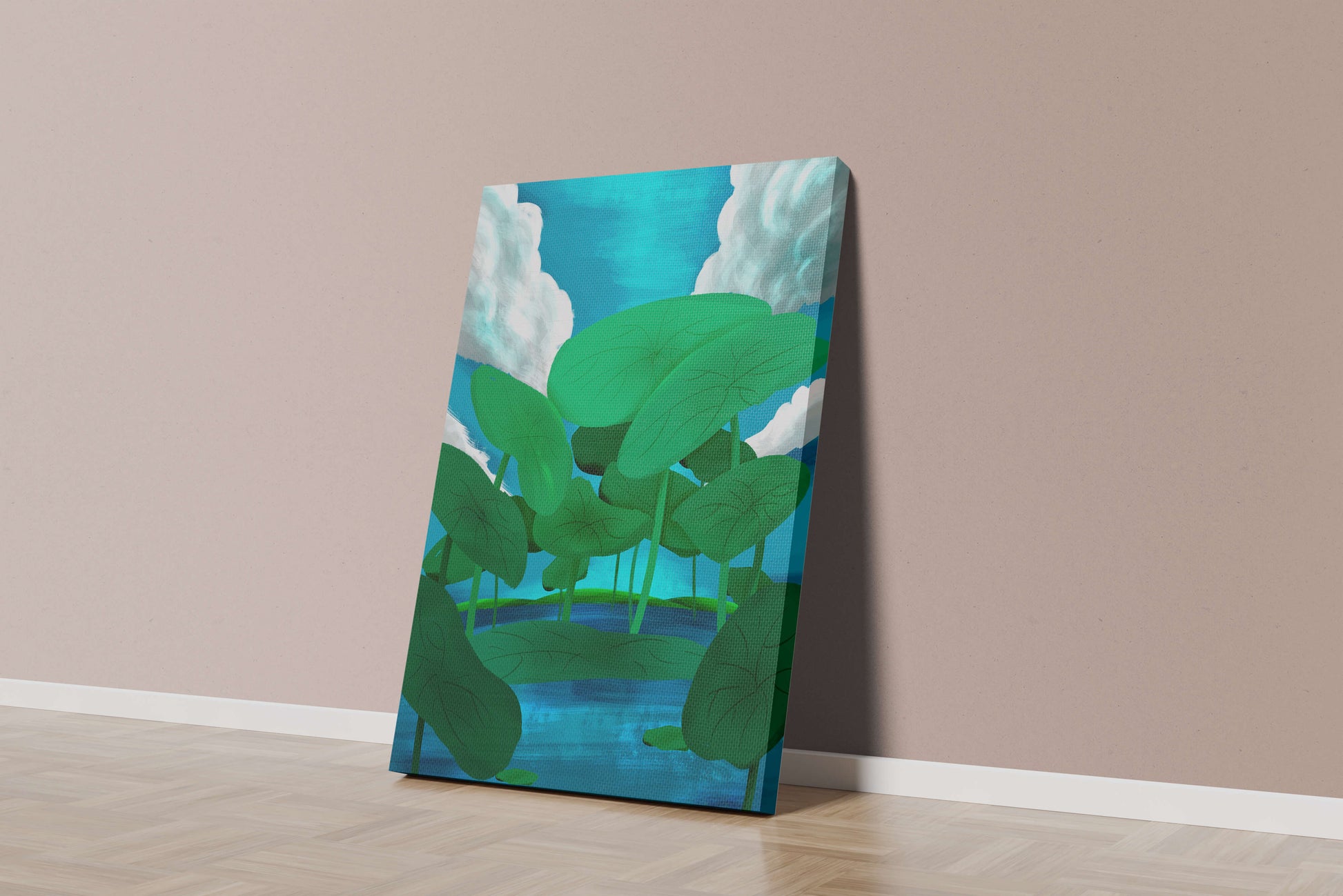 Serene landscape with lush green leaves and blue horizon