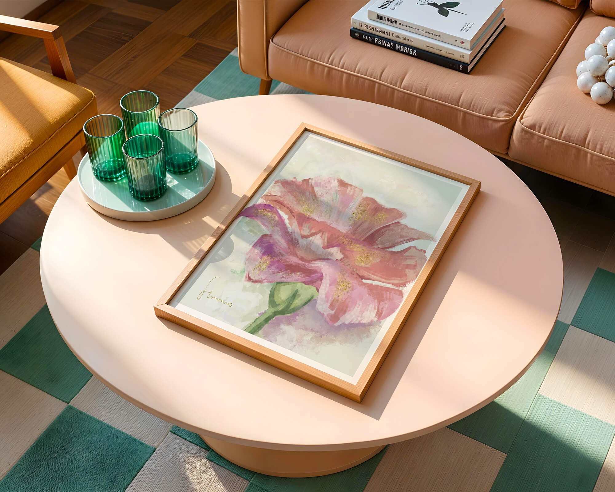 Vibrant pink flower with golden accents in abstract style