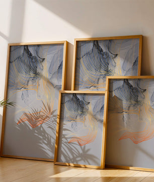 Elegantes abstraktes Design mit fließenden goldenen und orangefarbenen Linien auf blauem Hintergrund