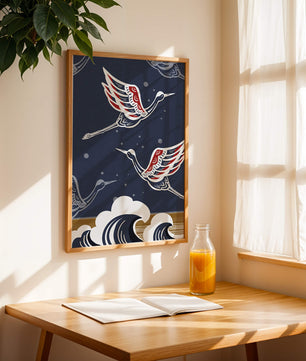 Illustrative cranes flying over ocean waves with dark background