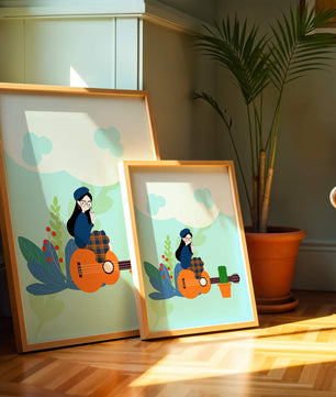 Illustration of a woman with coffee sitting on a guitar surrounded by foliage