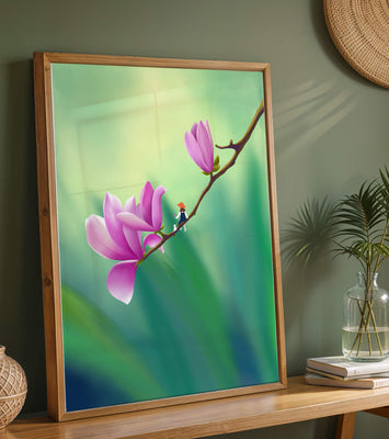 Serene illustration of magnolia flowers with a small figure in a hat