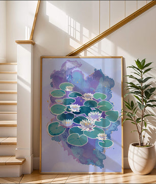 Serene aquatic scene with water lilies on abstract colorful background