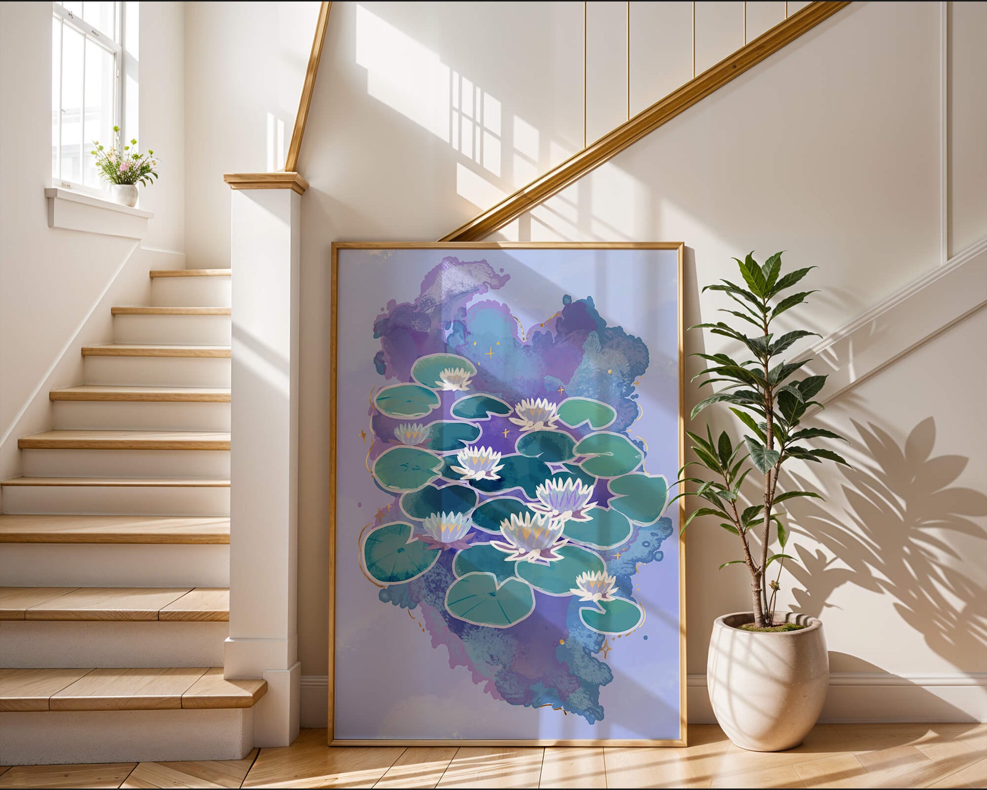Serene aquatic scene with water lilies on abstract colorful background