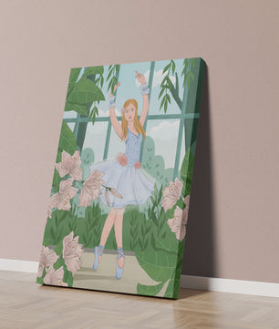 Elegant ballet dancer in a floral and botanical setting