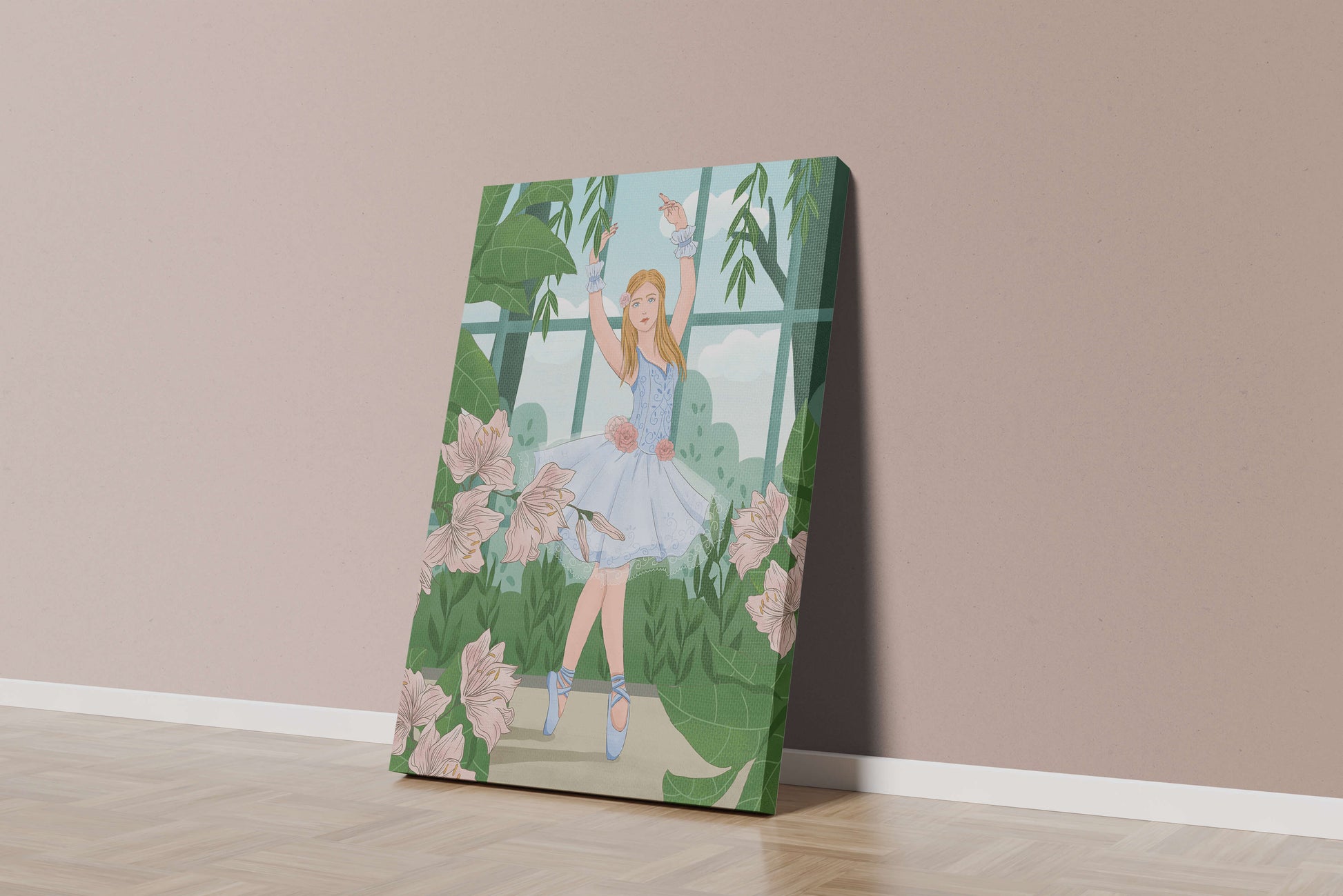 Elegant ballet dancer in a floral and botanical setting