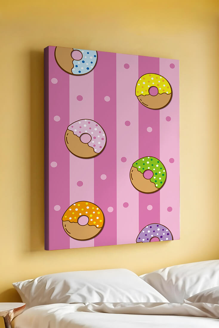 Colorful donut pattern on pink striped background