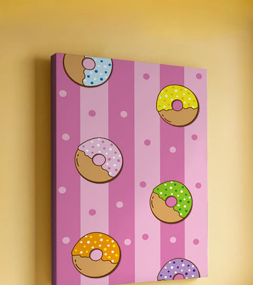 Colorful donut pattern on pink striped background